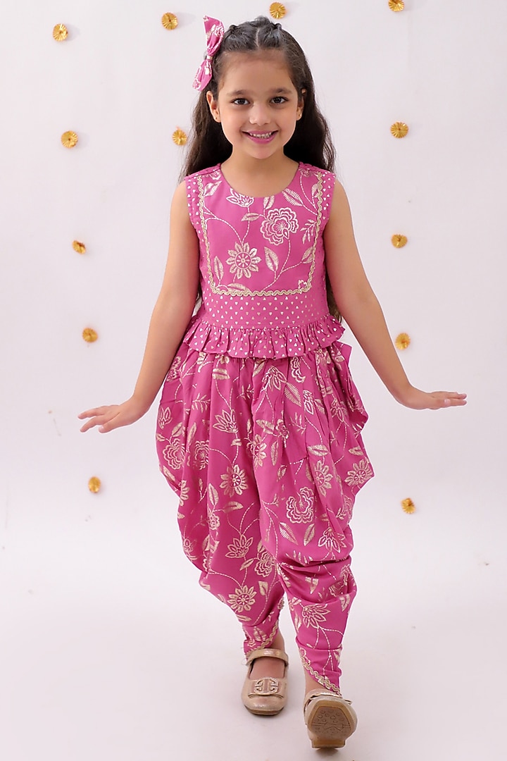 Pink Rayon Foil Printed Dhoti Set For Girls by Lil Drama at Pernia's Pop Up Shop