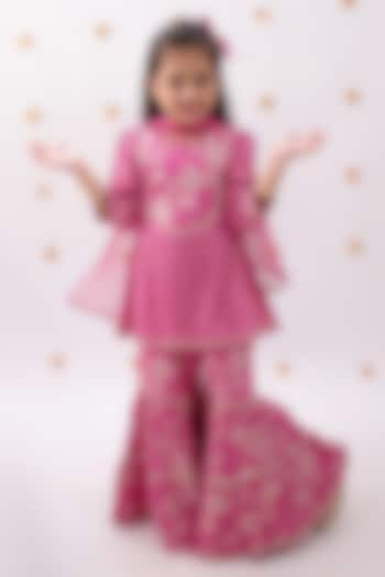 Pink Rayon Foil Printed Sharara Set For Girls by Lil Drama at Pernia's Pop Up Shop