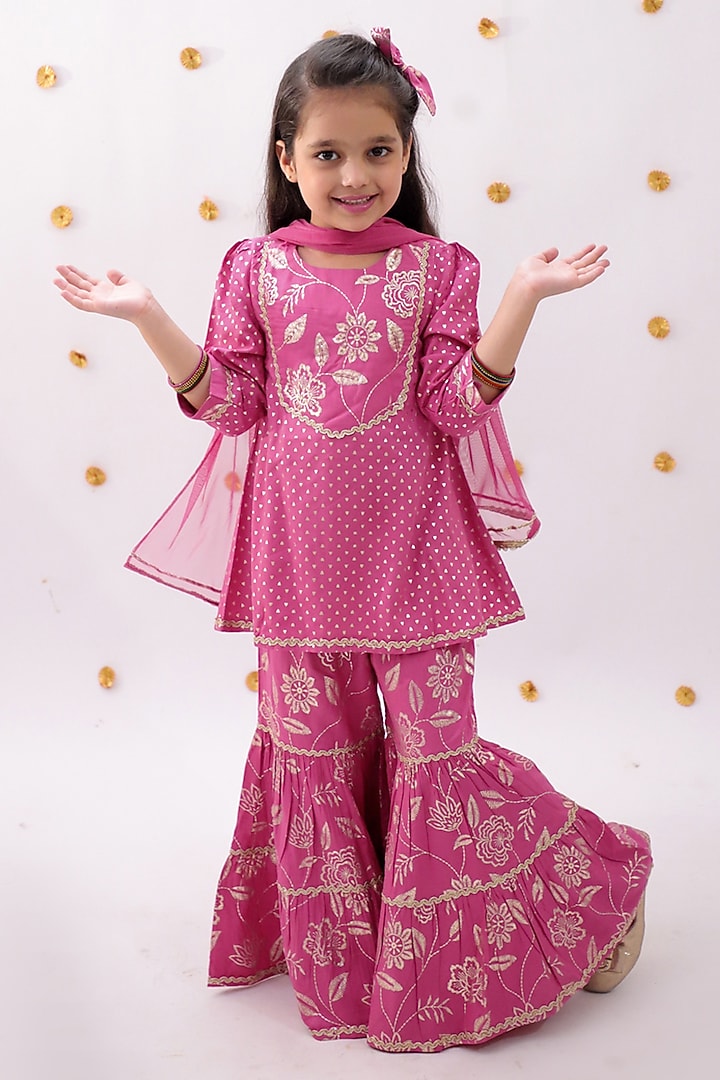 Pink Rayon Foil Printed Sharara Set For Girls by Lil Drama at Pernia's Pop Up Shop