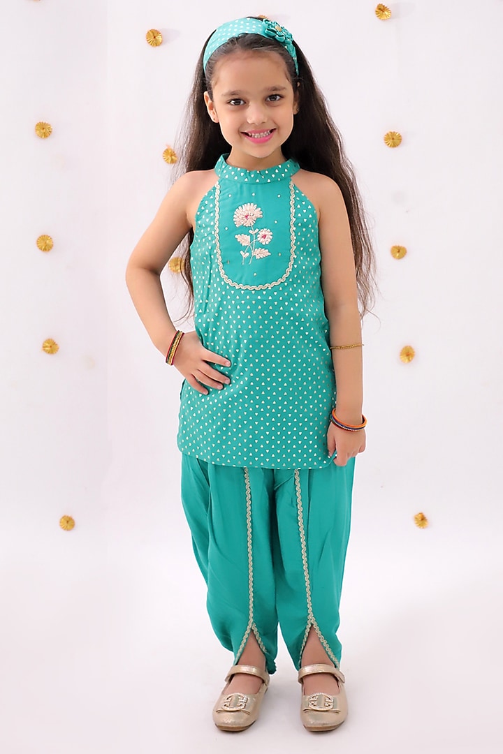 Green Rayon Foil Printed Dhoti Set For Girls by Lil Drama at Pernia's Pop Up Shop