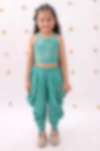 Green Rayon Foil Printed Dhoti Set For Girls by Lil Drama at Pernia's Pop Up Shop