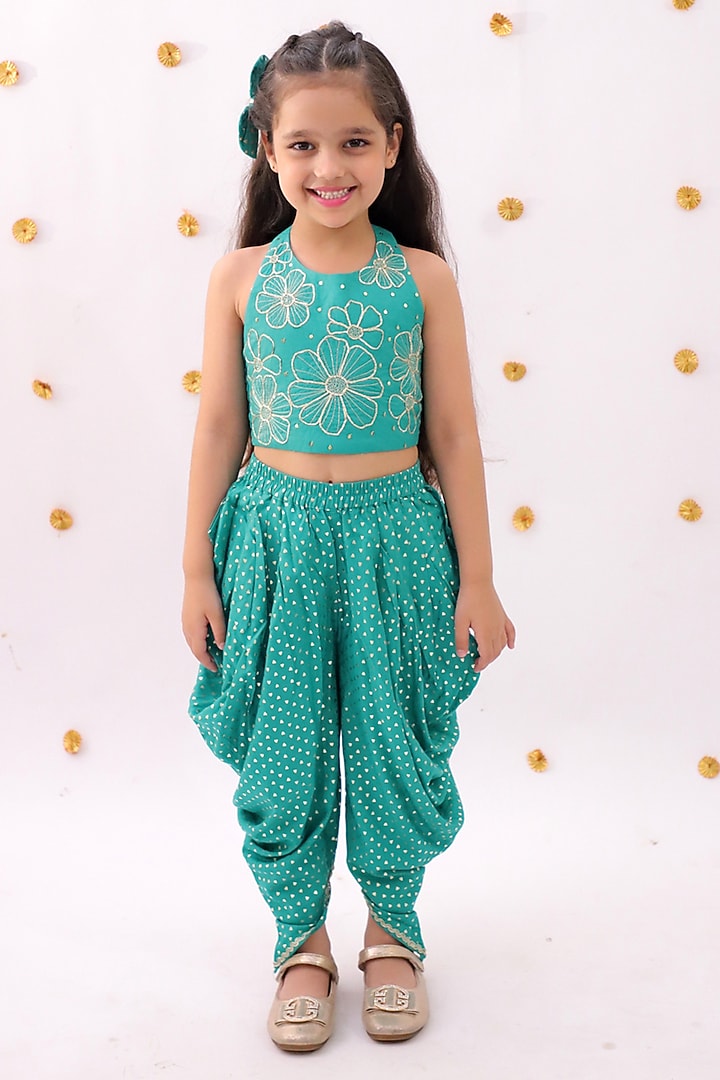 Green Rayon Foil Printed Dhoti Set For Girls by Lil Drama at Pernia's Pop Up Shop