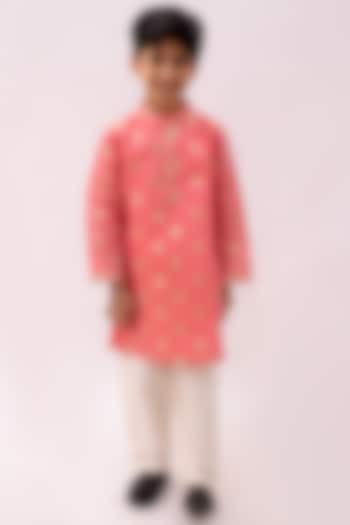 Peach Chanderi Foil Printed Kurta Set For Boys by Lil Drama