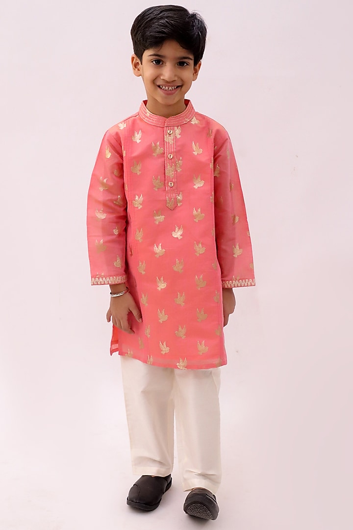 Peach Chanderi Foil Printed Kurta Set For Boys by Lil Drama