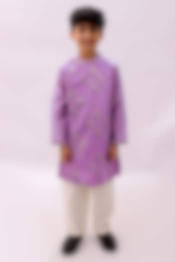 Purple Chanderi Foil Printed Kurta Set For Boys by Lil Drama