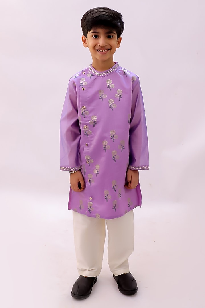 Purple Chanderi Foil Printed Kurta Set For Boys by Lil Drama