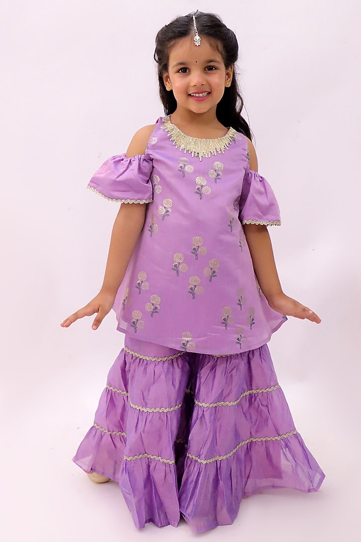 Purple Chanderi Foil Printed Sharara Set For Girls by Lil Drama at Pernia's Pop Up Shop
