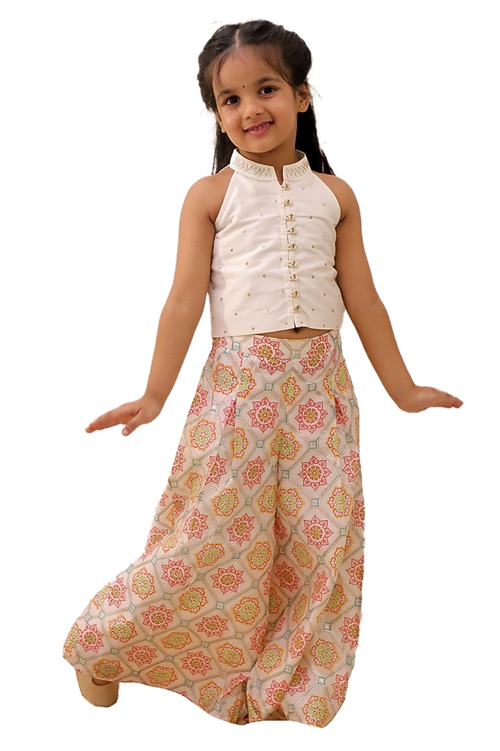 Off-White Chanderi Foil Printed Co-Ord Set For Girls by Lil Drama at Pernia's Pop Up Shop