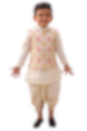 Off-White Poly Silk Geometric Printed Nehru Jacket Set For Boys by Lil Drama