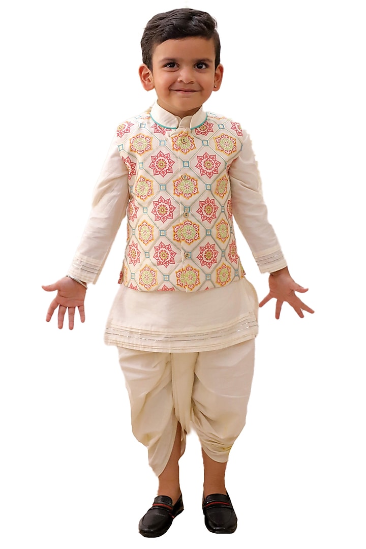Off-White Poly Silk Geometric Printed Nehru Jacket Set For Boys by Lil Drama