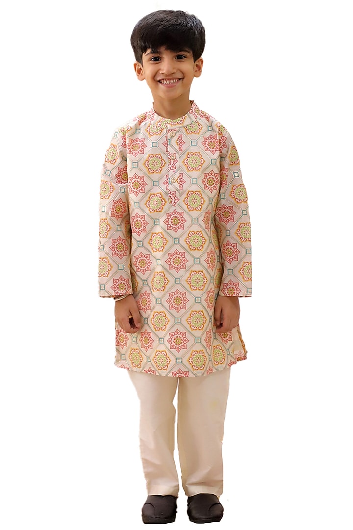 Off-White Poly Silk Geometric Printed Kurta Set For Boys by Lil Drama
