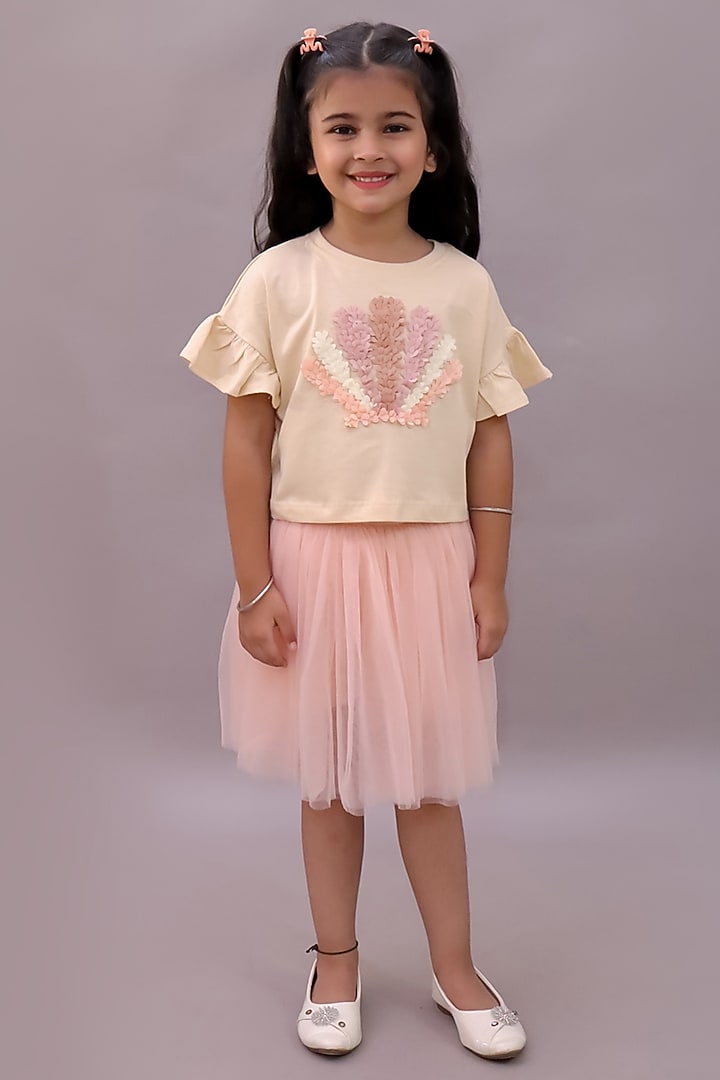 Peach & Off-White Net Co-Ord Set For Girls by Lil Drama at Pernia's Pop Up Shop