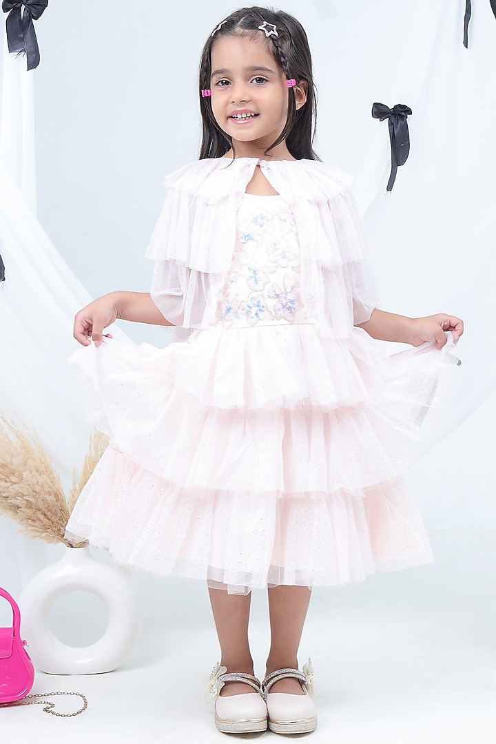 Baby Pink Polyester Sequins Work Jacket Dress For Girls by Lil Drama at Pernia's Pop Up Shop