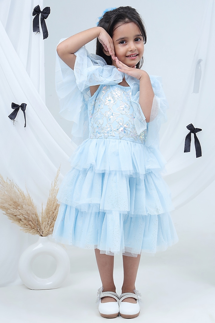 Sky Blue Polyester Sequins Work Jacket Dress For Girls by Lil Drama at Pernia's Pop Up Shop