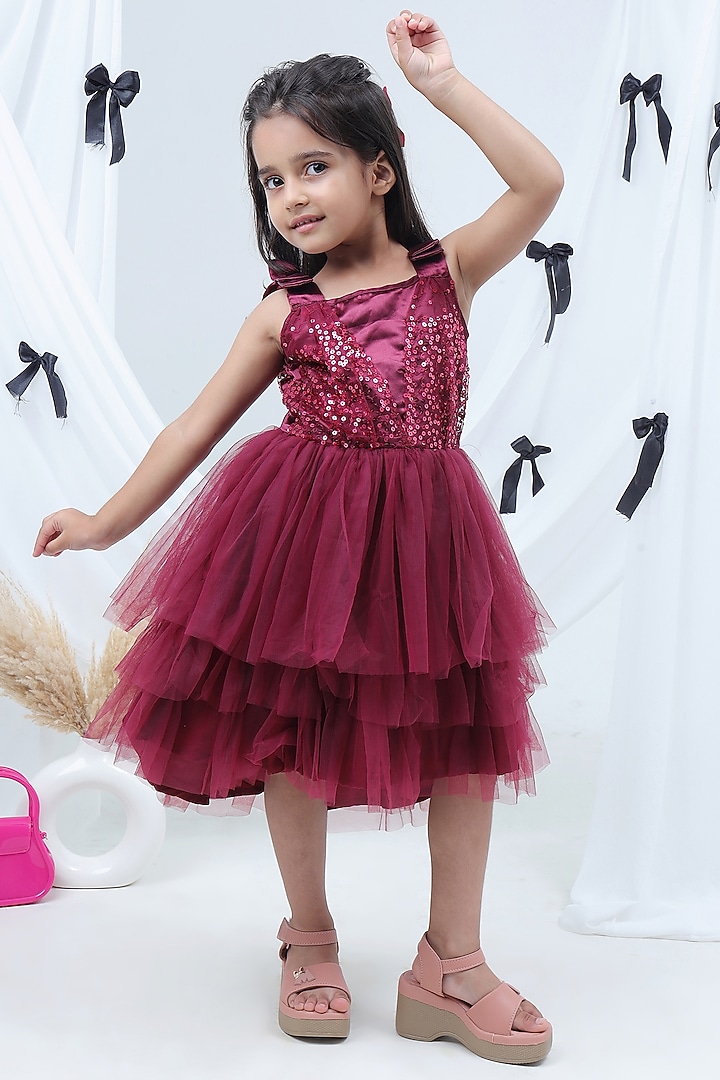Wine Polyester Sequins Work Dress For Girls by Lil Drama at Pernia's Pop Up Shop