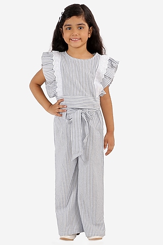 Grey & Off-White Striped Palazzo Pant Set For Girls by Lil Drama