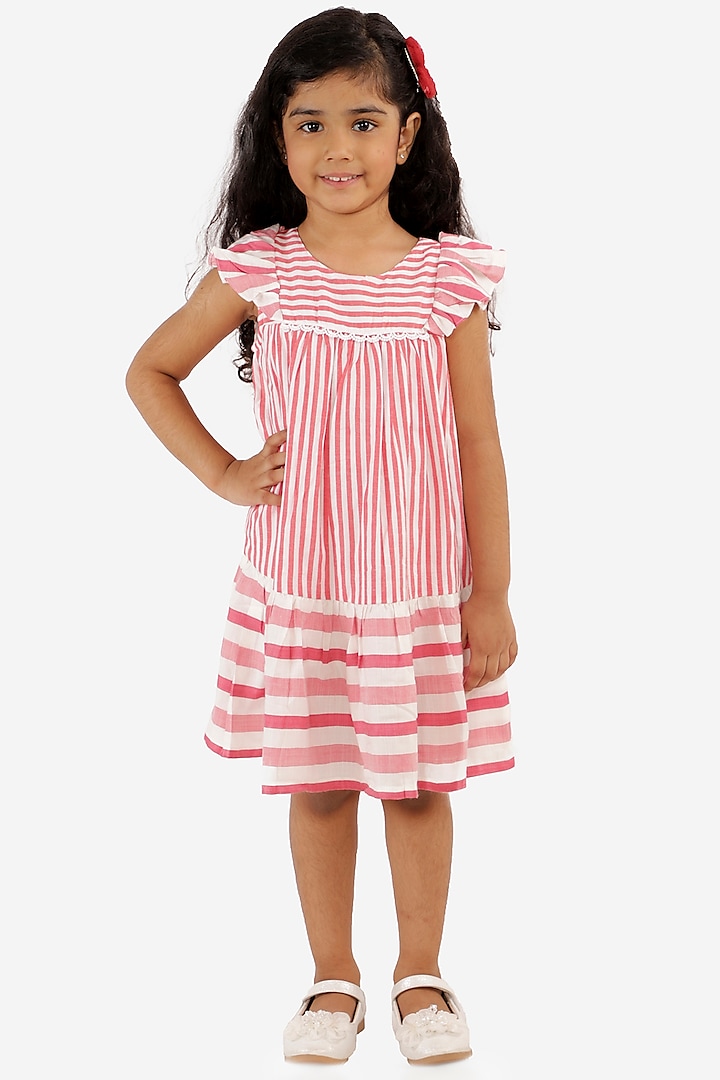 Blush Pink Striped Dress For Girls by Lil Drama