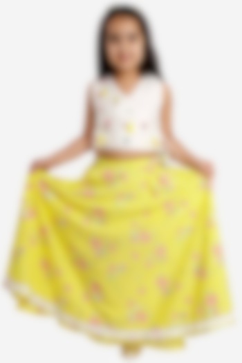 Yellow Floral Printed Lehenga Set For Girls by Lil Drama