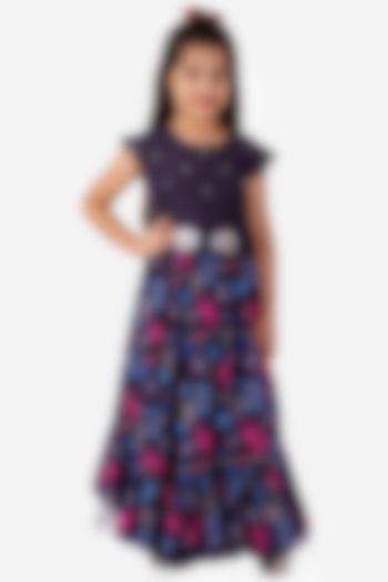 Navy Blue Floral Printed Lehenga Set For Girls by Lil Drama