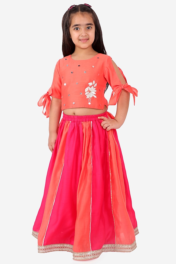 Orange & Fuchsia Chanderi Cotton Lehenga Set For Girls by Lil Drama