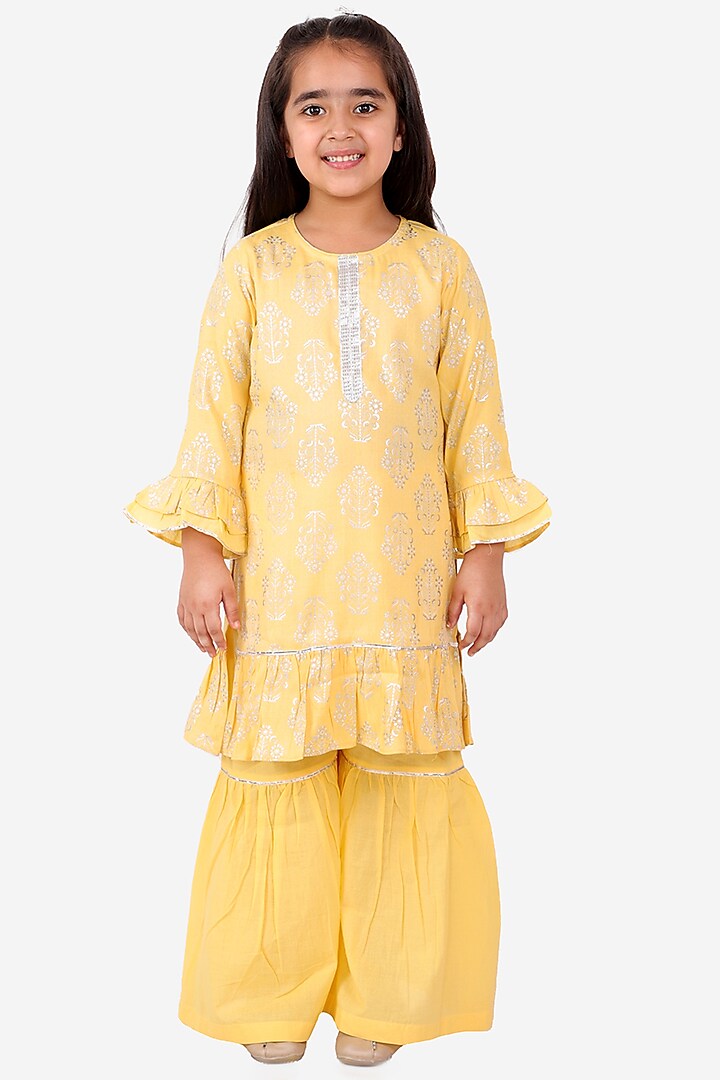 Yellow Cotton Sharara Set For Girls by Lil Drama