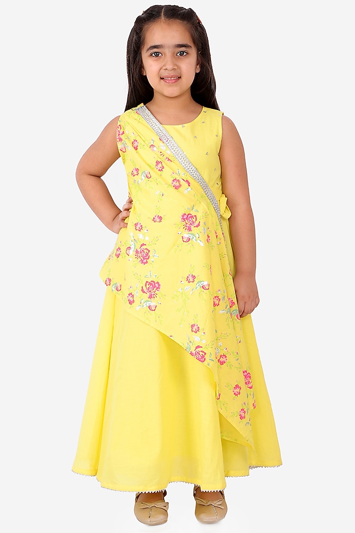Yellow Printed Maxi Dress For Girls by Lil Drama