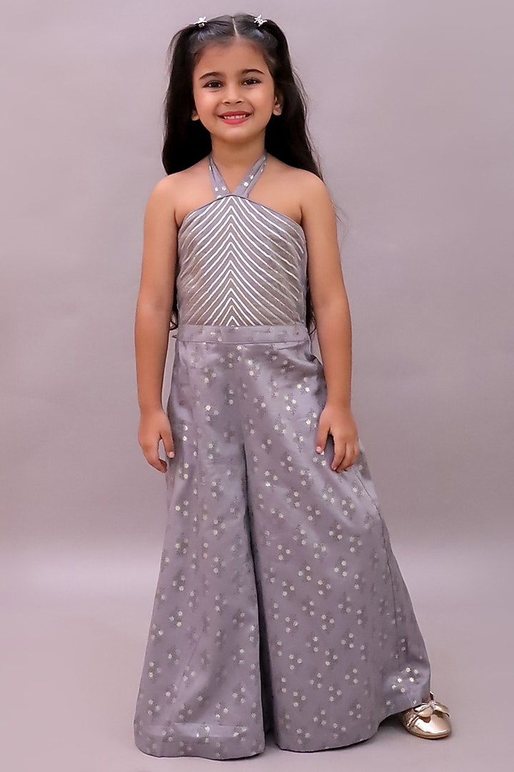 Grey Cotton Foil Printed Jumpsuit For Girls by Lil Drama at Pernia's Pop Up Shop