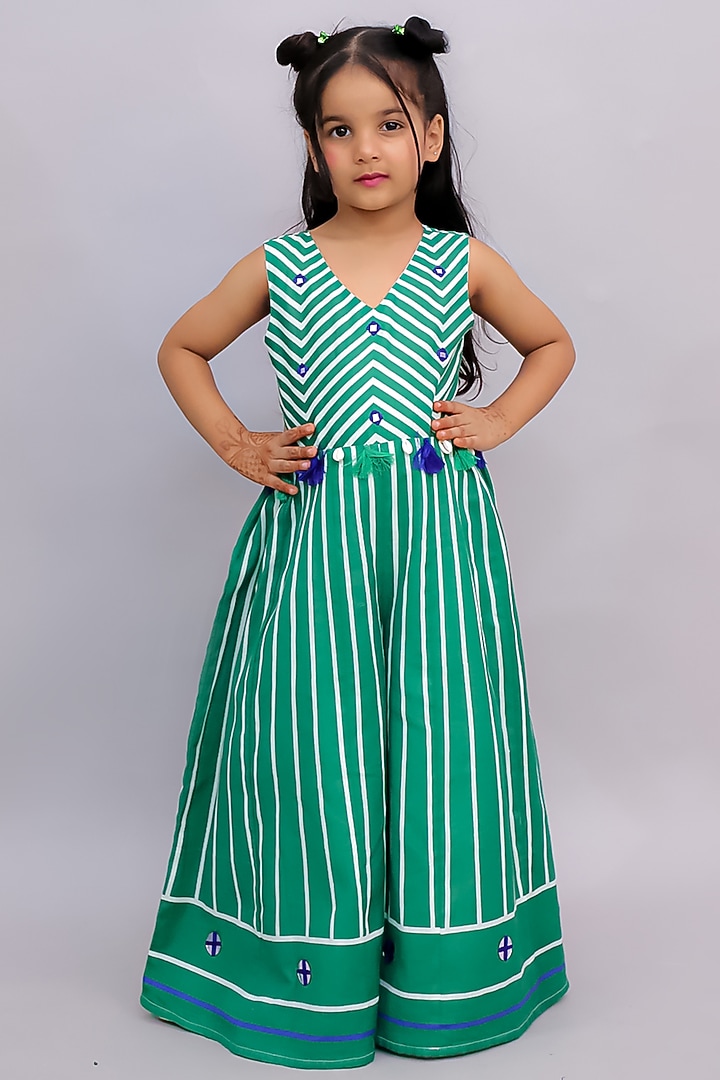 Green Cotton Geometric Printed Jumpsuit For Girls by Lil Drama at Pernia's Pop Up Shop
