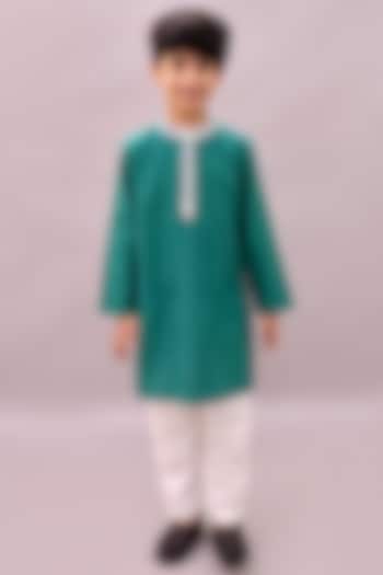 Green Cotton Mirror Work Kurta Set For Boys by Lil Drama at Pernia's Pop Up Shop