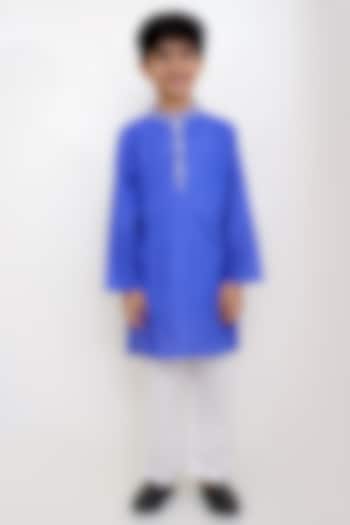 Blue Cotton Mirror Work Kurta Set For Boys by Lil Drama at Pernia's Pop Up Shop