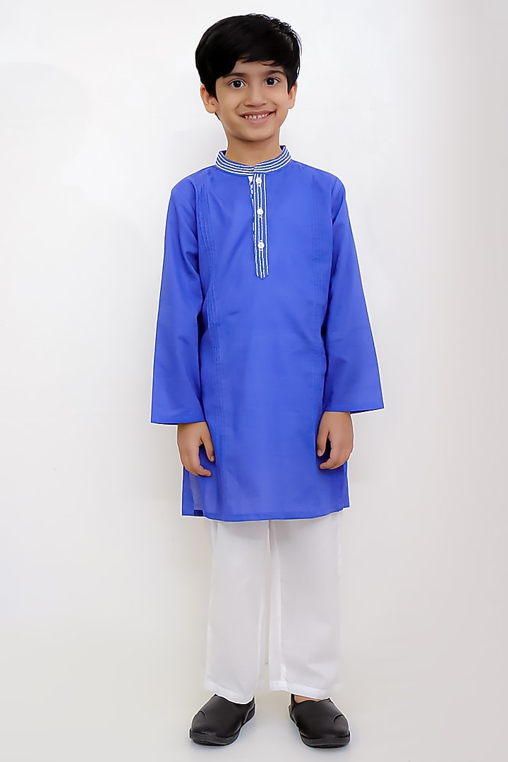Blue Cotton Mirror Work Kurta Set For Boys by Lil Drama at Pernia's Pop Up Shop