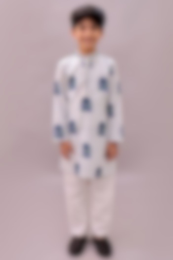 White Cotton Floral Printed & Mirror Work Kurta Set For Girls by Lil Drama at Pernia's Pop Up Shop