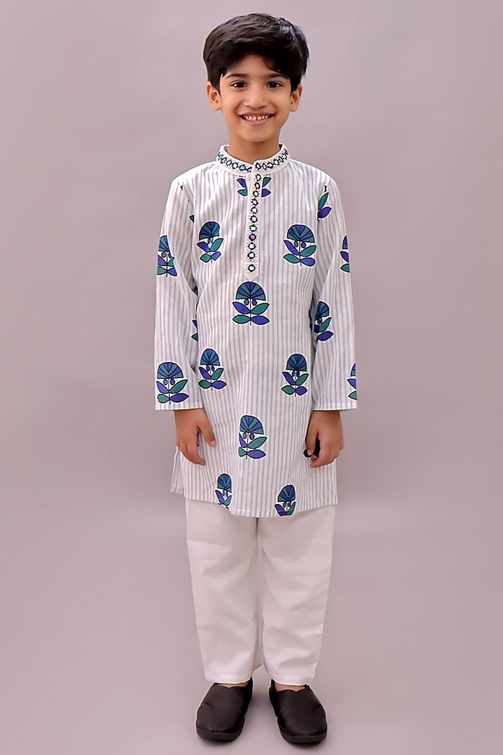 White Cotton Floral Printed & Mirror Work Kurta Set For Girls by Lil Drama at Pernia's Pop Up Shop
