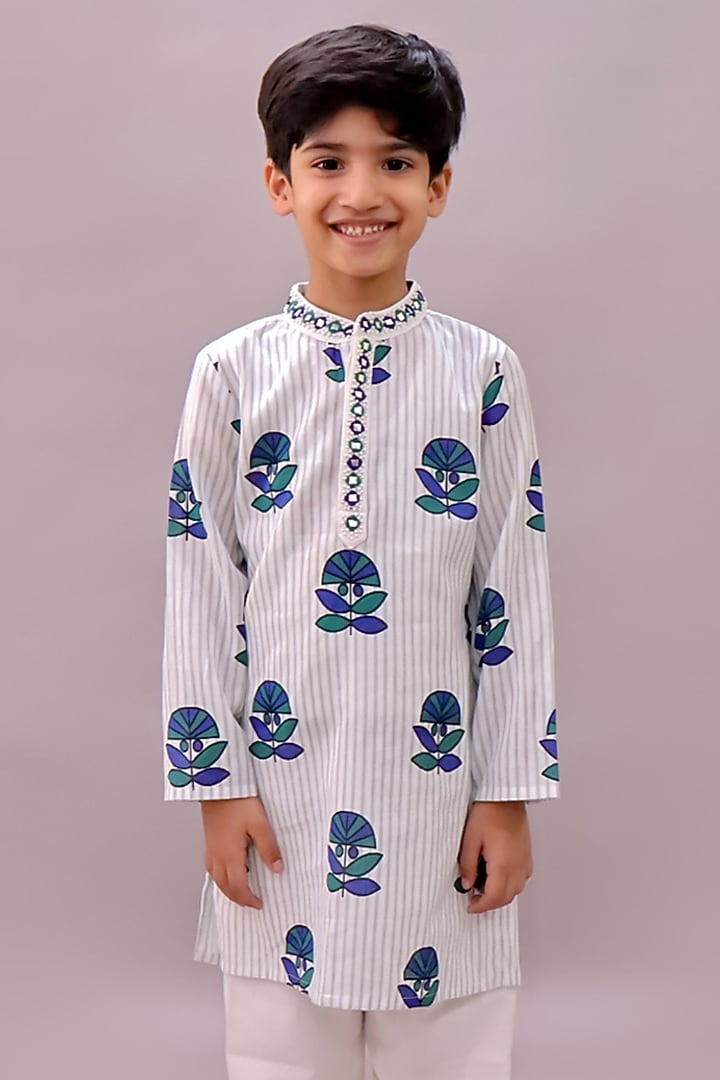 White Cotton Floral Printed & Mirror Work Kurta Set For Girls by Lil Drama at Pernia's Pop Up Shop