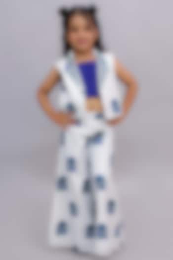 White Cotton Floral Printed & Mirror Work Jacket Set For Girls by Lil Drama at Pernia's Pop Up Shop