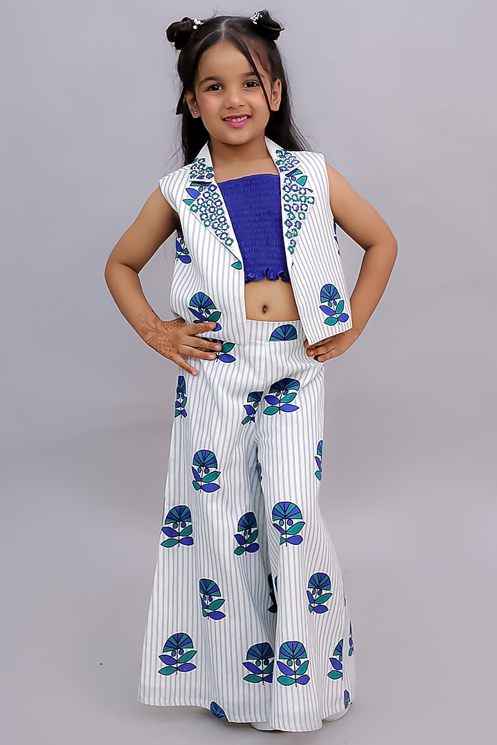 White Cotton Floral Printed & Mirror Work Jacket Set For Girls by Lil Drama at Pernia's Pop Up Shop