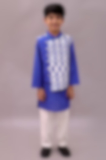 Blue Cotton Geometric Printed Nehru Jacket Set For Boys by Lil Drama at Pernia's Pop Up Shop