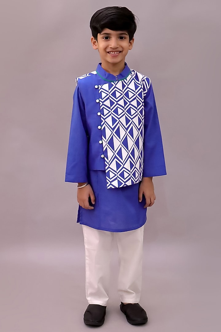 Blue Cotton Geometric Printed Nehru Jacket Set For Boys by Lil Drama at Pernia's Pop Up Shop