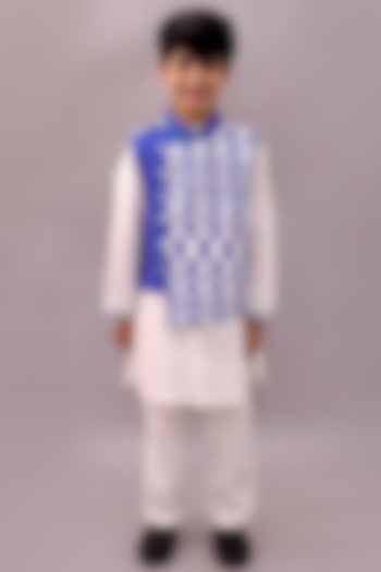 Blue & White Cotton Geometric Printed Nehru Jacket Set For Boys by Lil Drama at Pernia's Pop Up Shop