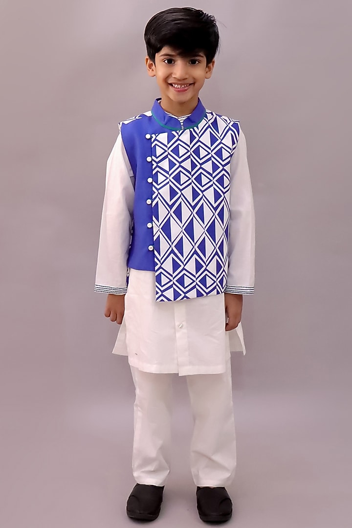 Blue & White Cotton Geometric Printed Nehru Jacket Set For Boys by Lil Drama at Pernia's Pop Up Shop