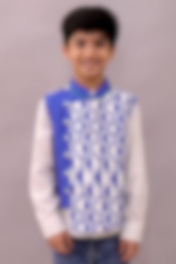 Blue Cotton Geometric Printed Bundi Jacket For Boys by Lil Drama at Pernia's Pop Up Shop