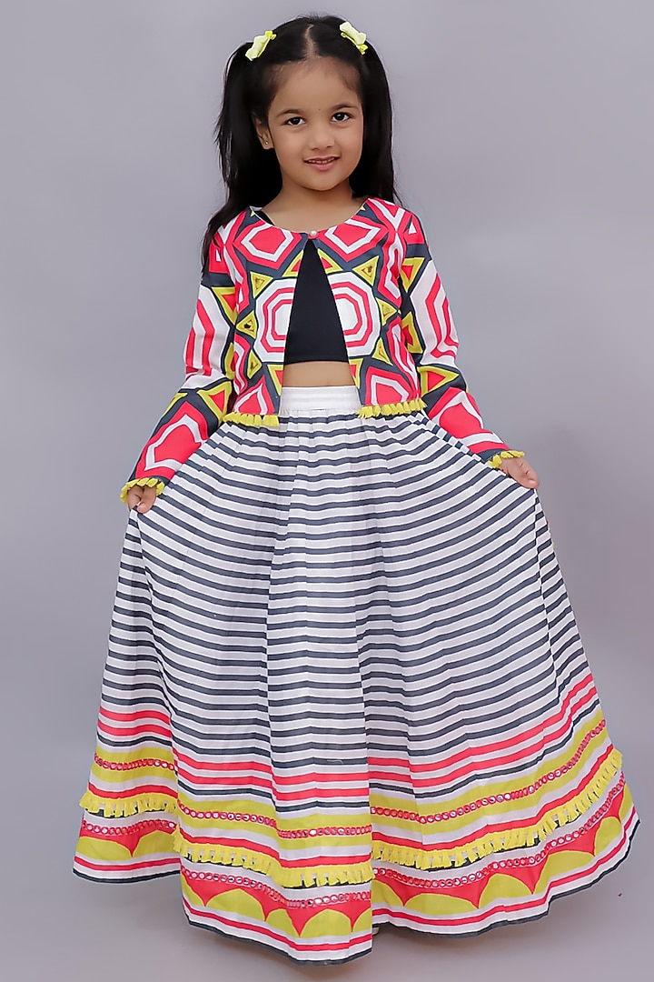 Multi-Colored Cotton Printed Jacket Lehenga Set For Girls by Lil Drama at Pernia's Pop Up Shop
