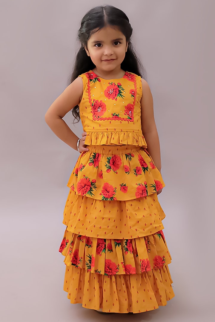 Mustard Cotton Floral Printed lehenga Set For Girls by Lil Drama at Pernia's Pop Up Shop