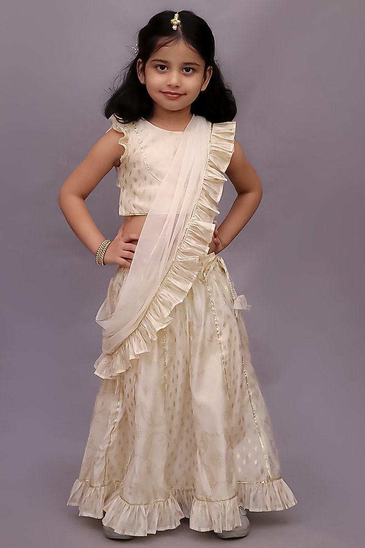 Off-White Chanderi Foil Printed Lehenga Set For Girls by Lil Drama at Pernia's Pop Up Shop
