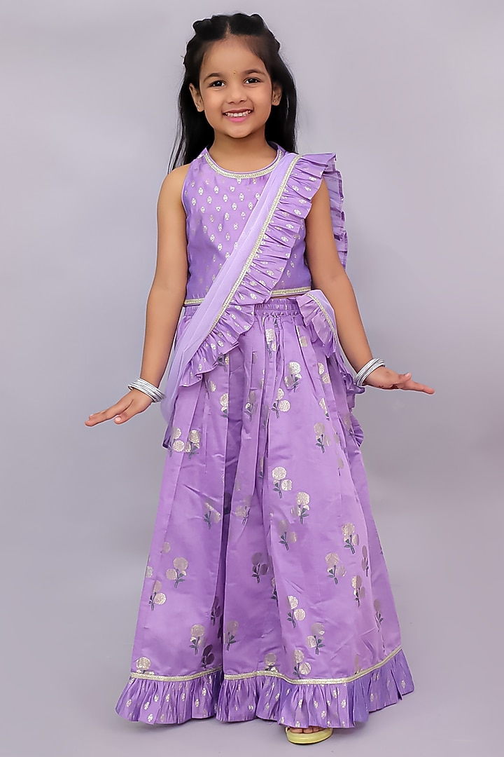 Purple Chanderi Foil Printed Lehenga Set For Girls by Lil Drama at Pernia's Pop Up Shop
