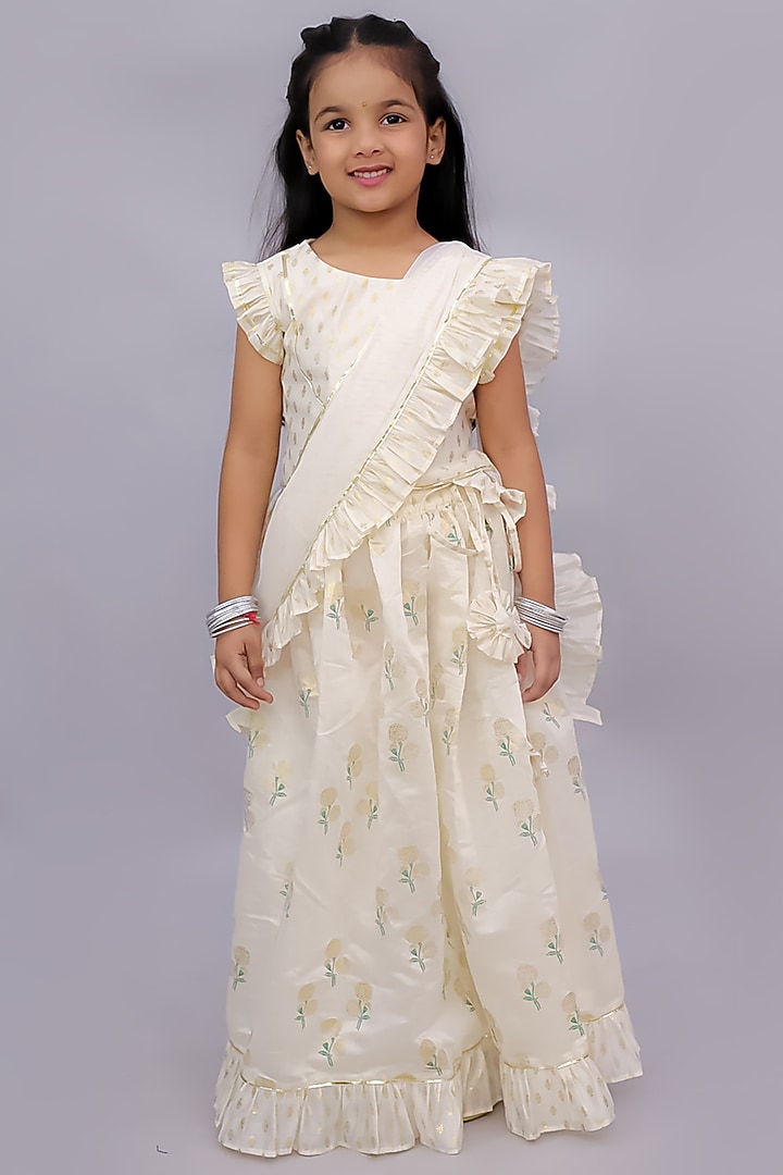Off-White Chanderi Foil Printed Lehenga Set For Girls by Lil Drama at Pernia's Pop Up Shop