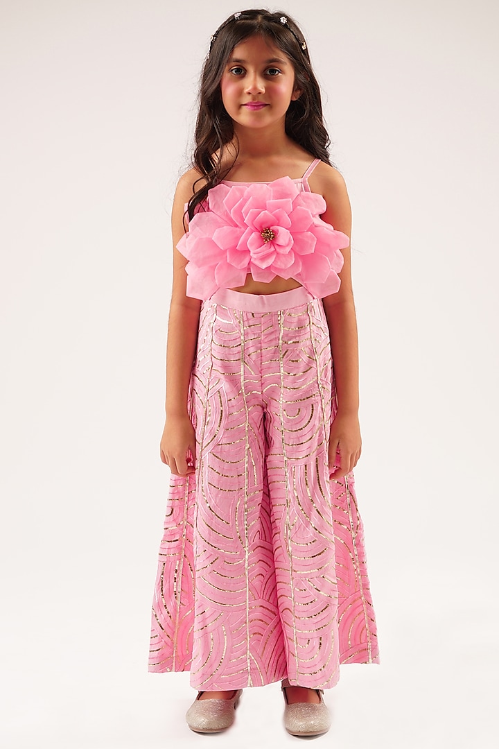 Pink Cotton Gota Lace & 3D Floral Embroidered Jumpsuit For Girls by Lil Drama