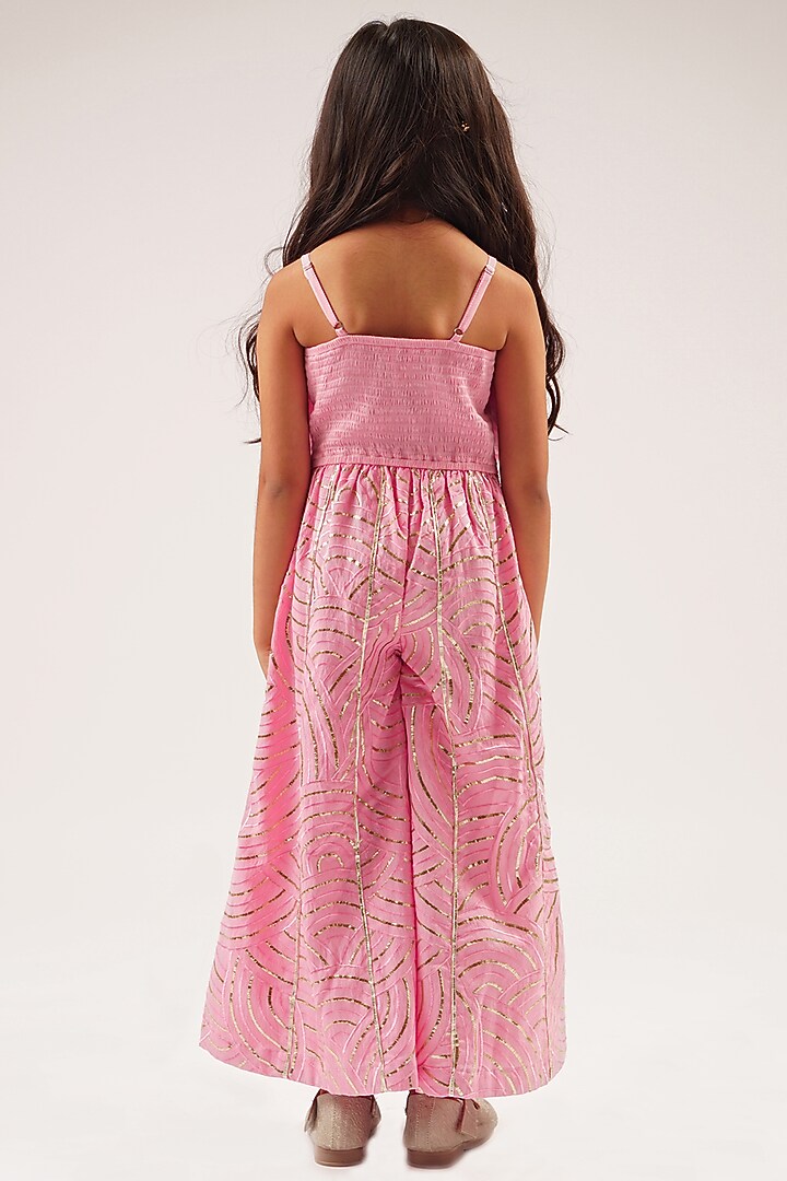 Pink Cotton Gota Lace & 3D Floral Embroidered Jumpsuit For Girls by Lil Drama at Pernia's Pop Up Shop