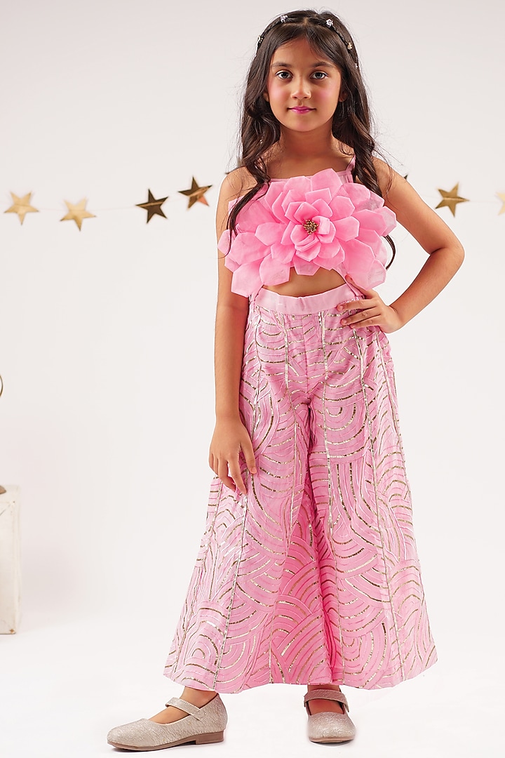 Pink Cotton Gota Lace & 3D Floral Embroidered Jumpsuit For Girls by Lil Drama at Pernia's Pop Up Shop