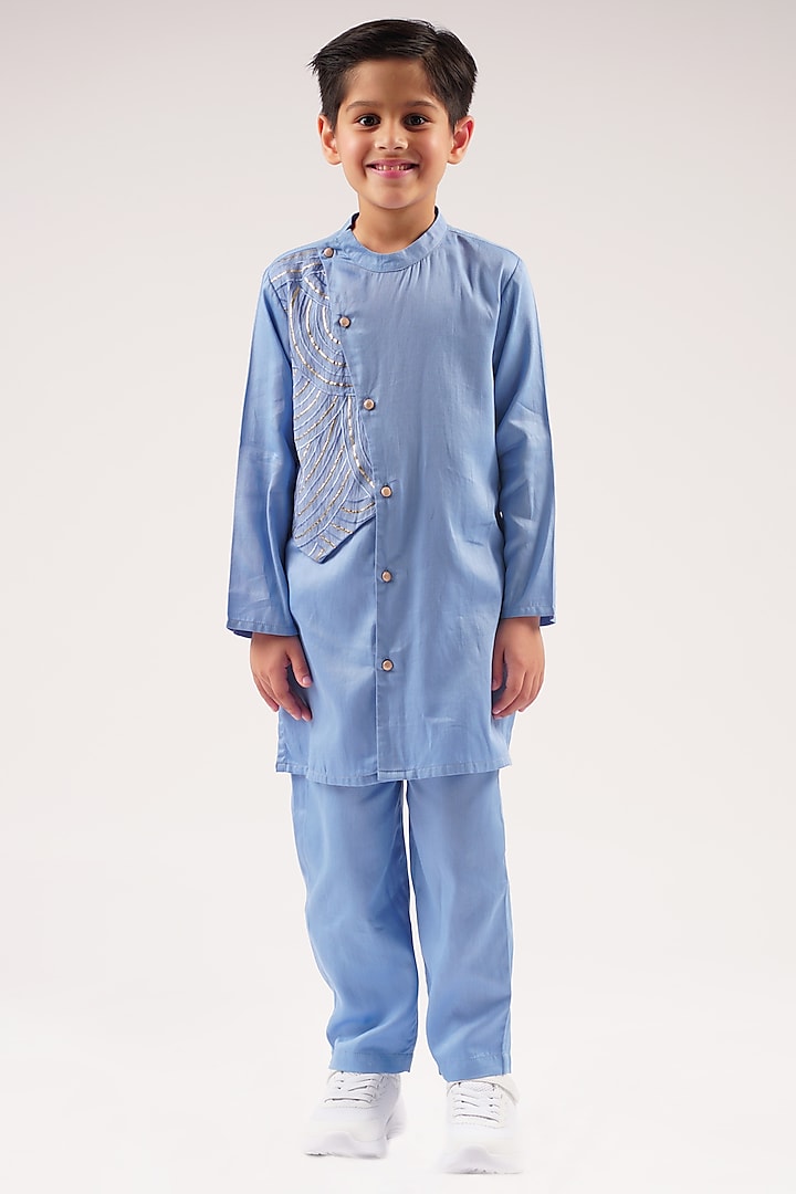 Blue Cotton Gota Lace Embroidered Kurta Set For Boys by Lil Drama